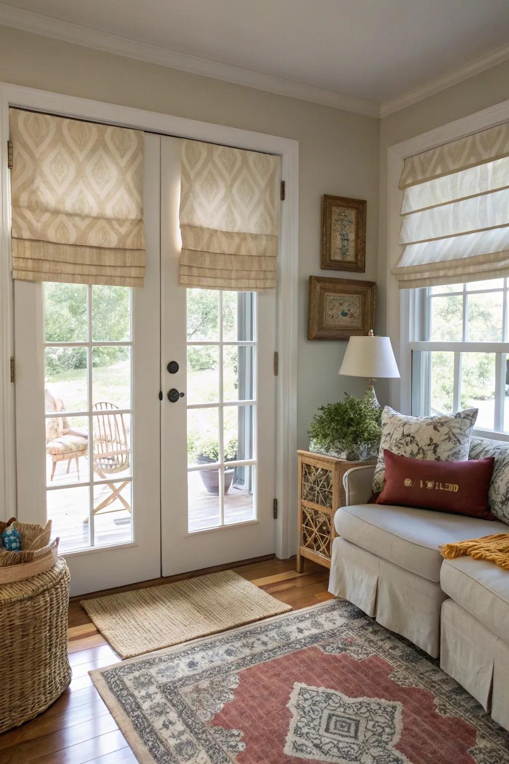 Playful tie-up shades providing adjustable privacy on French doors.