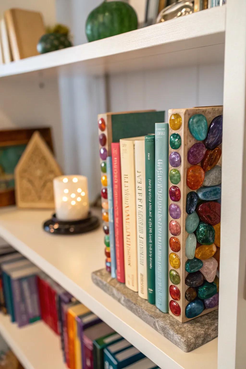 Colorful gemstone bookends bringing elegance to a bookshelf.