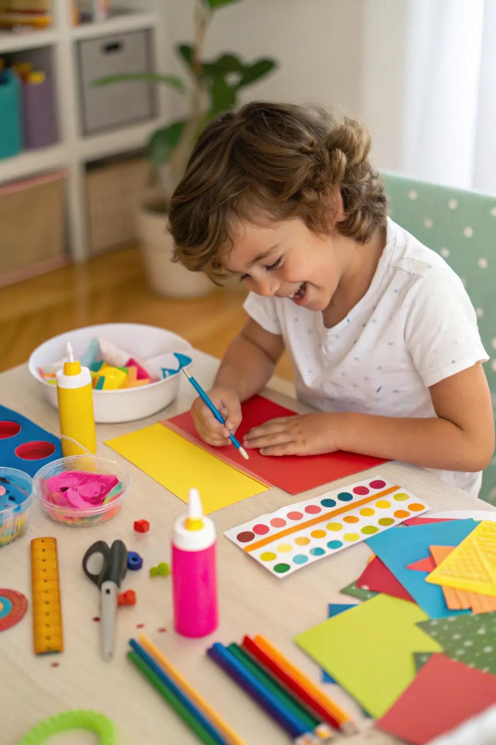 A young artist crafting with a DIY kit full of possibilities.