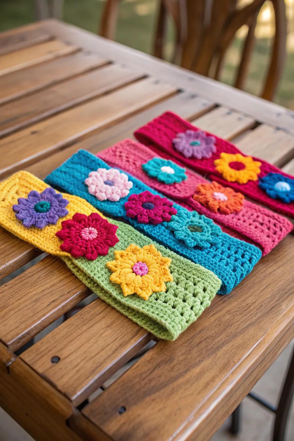 Chic headbands crafted from granny squares, perfect for accessorizing any look.