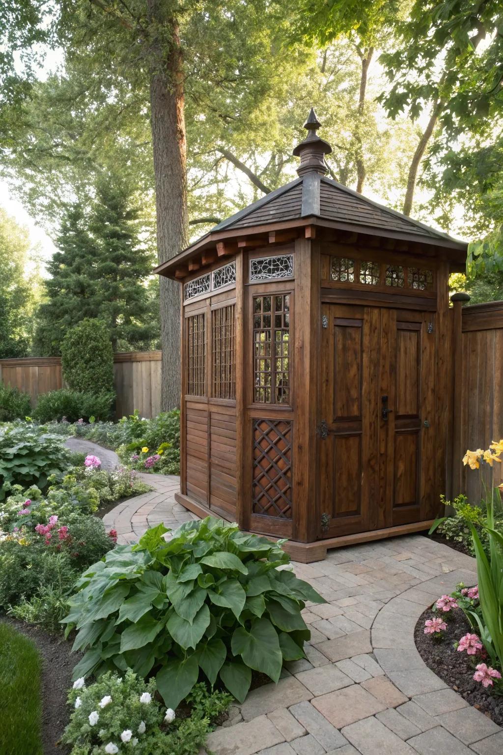 A wooden enclosure matches the garden's aesthetic while hiding the generator.