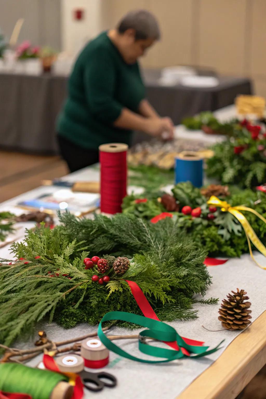 Materials ready for crafting personalized holiday wreaths.