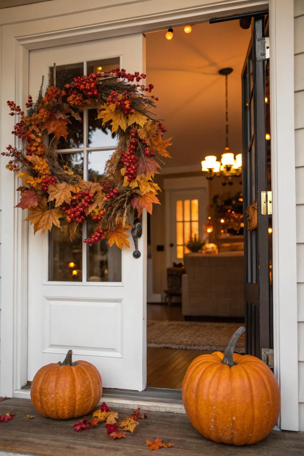 A fall-themed entryway creates a welcoming atmosphere for guests.