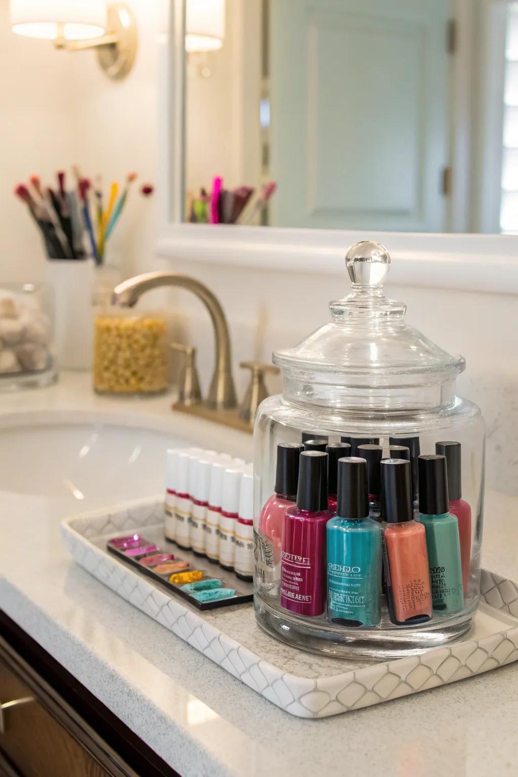 A clear cookie jar adds a whimsical touch to your nail polish storage.