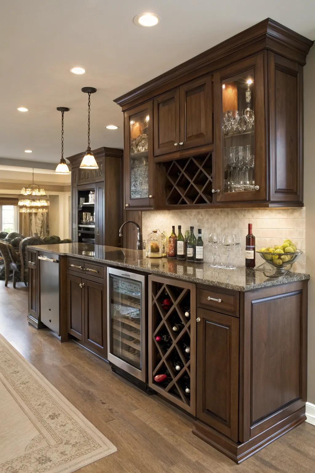 An elegant kitchen peninsula with built-in wine storage.