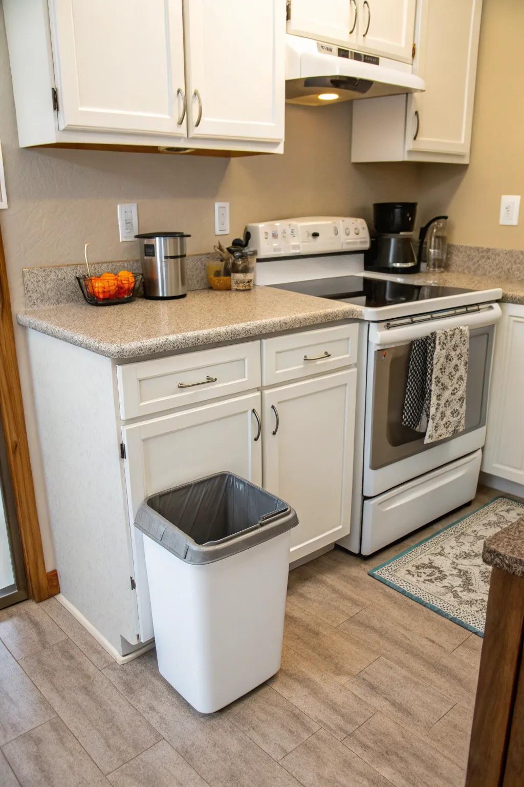 A compact trash can perfectly suited for a small kitchen.