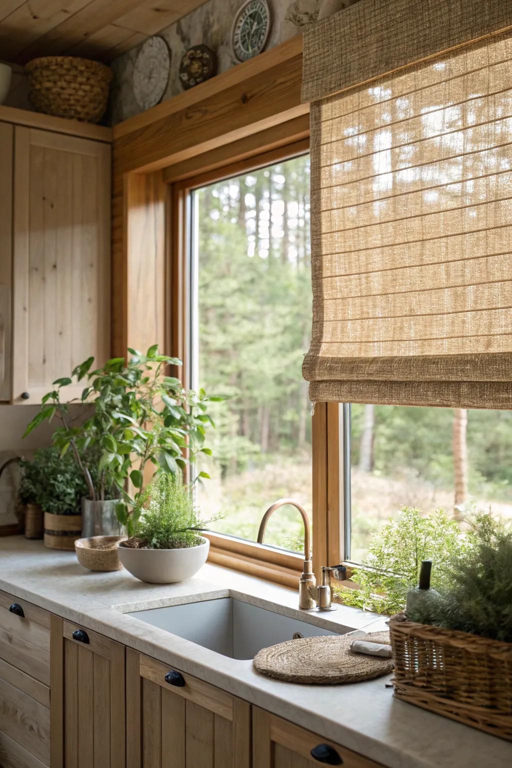 Woven shades bring texture and warmth to the kitchen window.