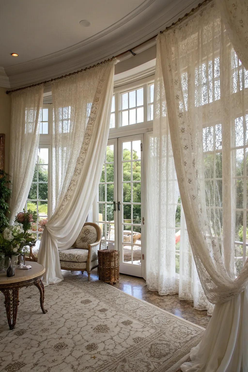 Floor-length lace curtains add an elegant touch.