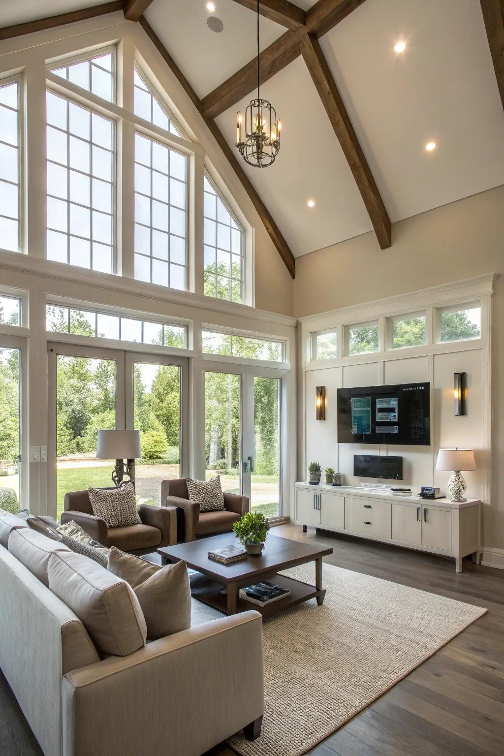 Smart lighting provides convenience and customization in a vaulted ceiling space.