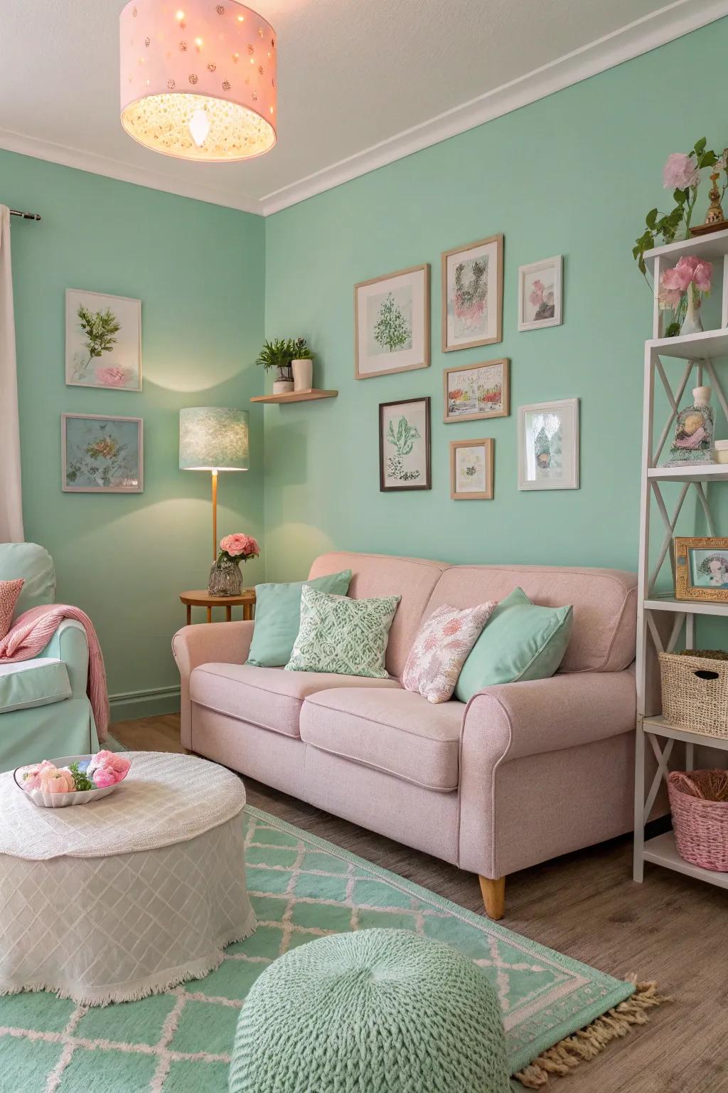 Mint green walls provide a fresh and invigorating atmosphere in this living room.