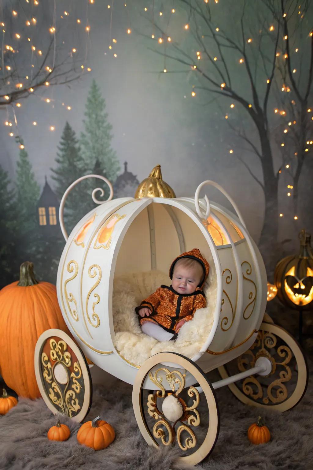 A fairy-tale pumpkin carriage for a newborn's Halloween photo.