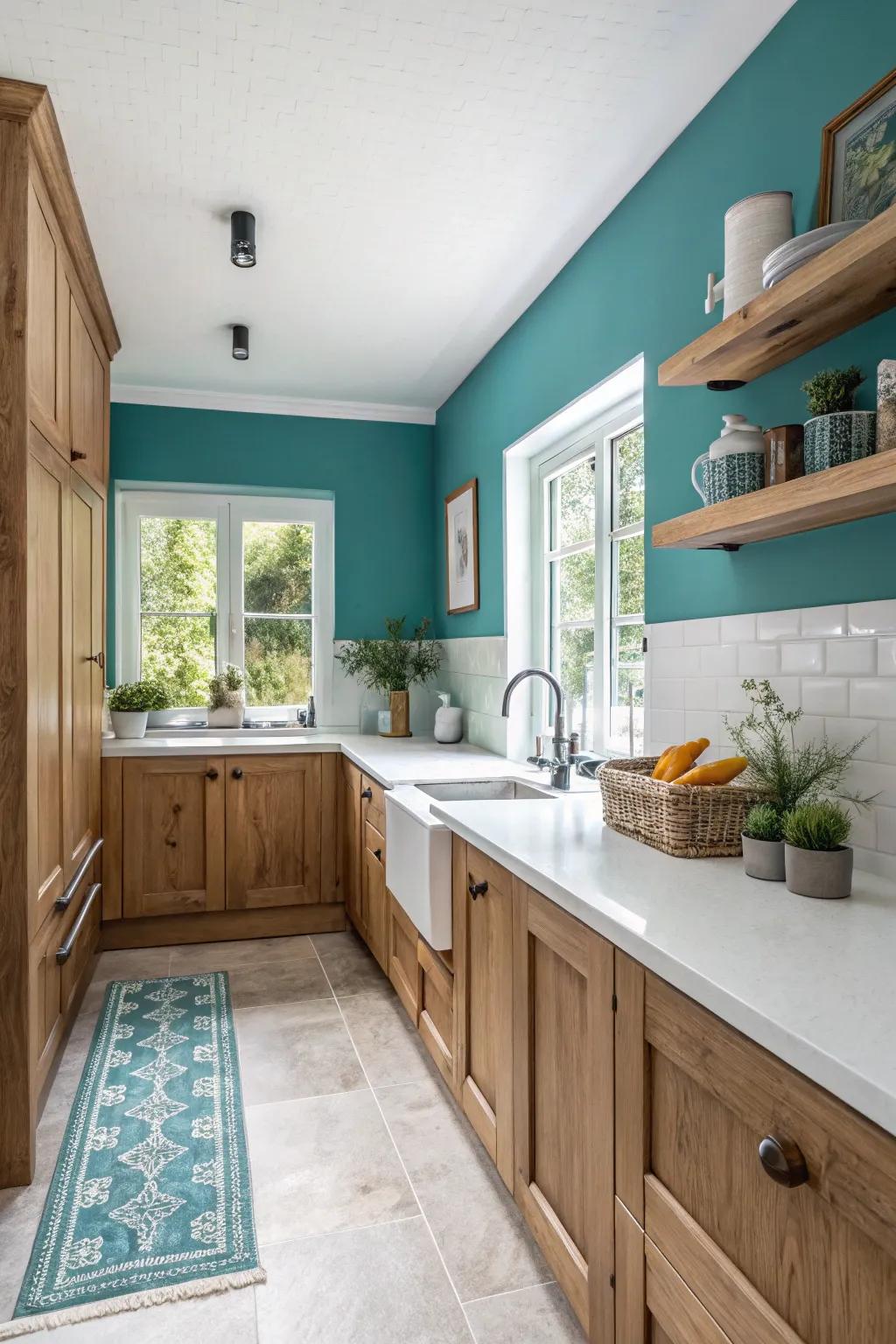 Teal walls evoke a tranquil, coastal feel in the kitchen.