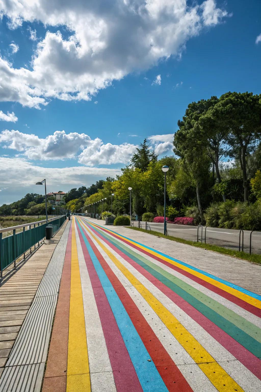 Colorful stripes add a lively and cheerful vibe to this walkway.