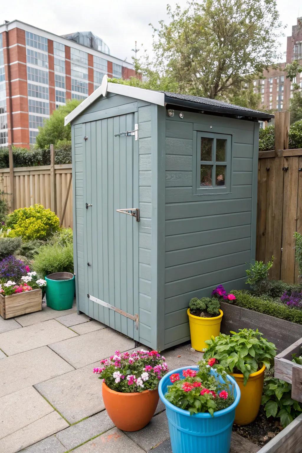 An urban chic shed in mid-tone grey, accessorized with vibrant planters.