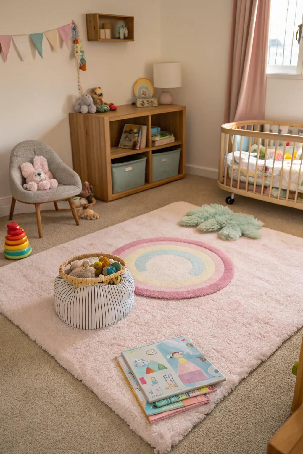 A soft rug defining the baby's play area in a shared room.