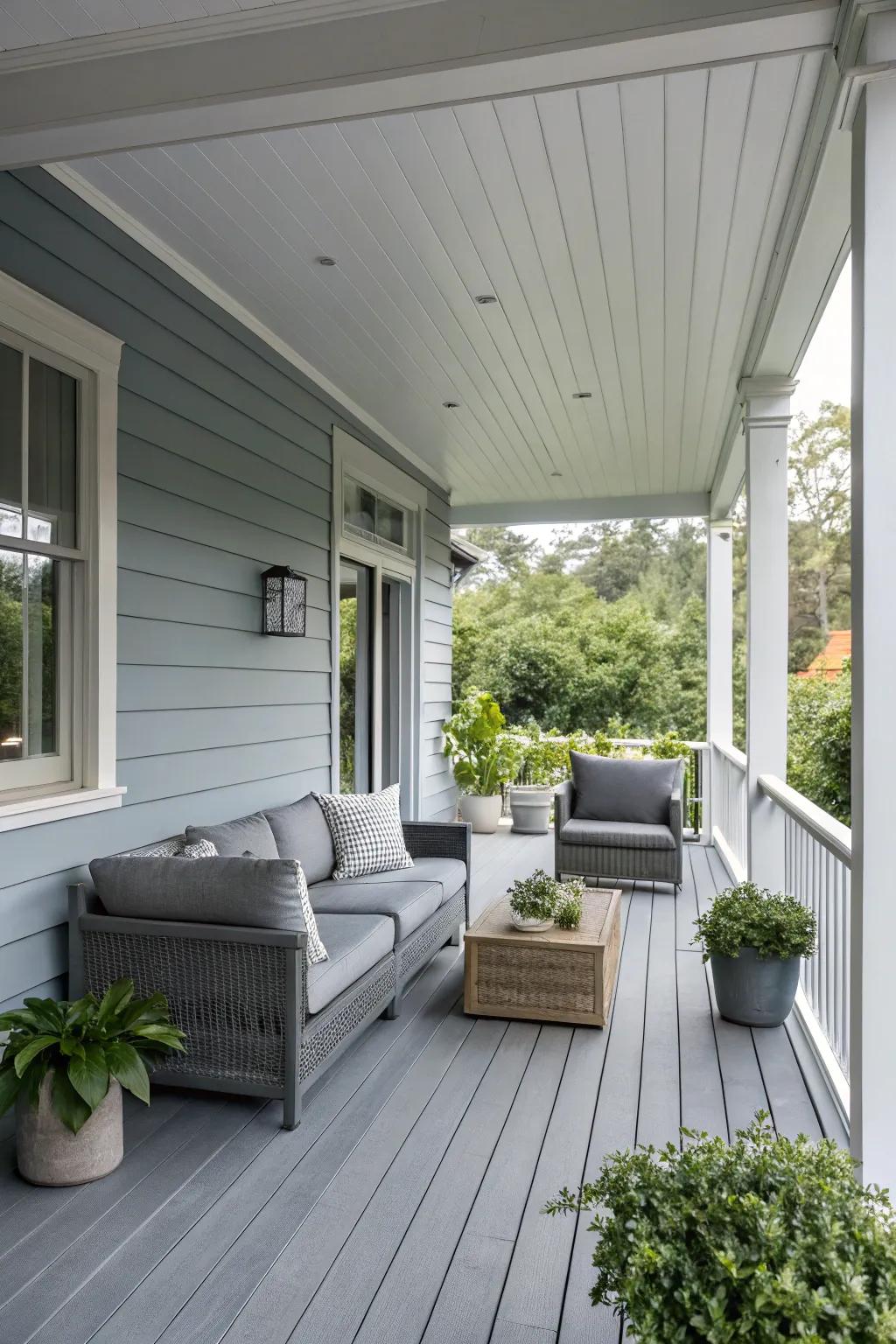 Cool gray creates a serene and contemporary atmosphere on this porch.