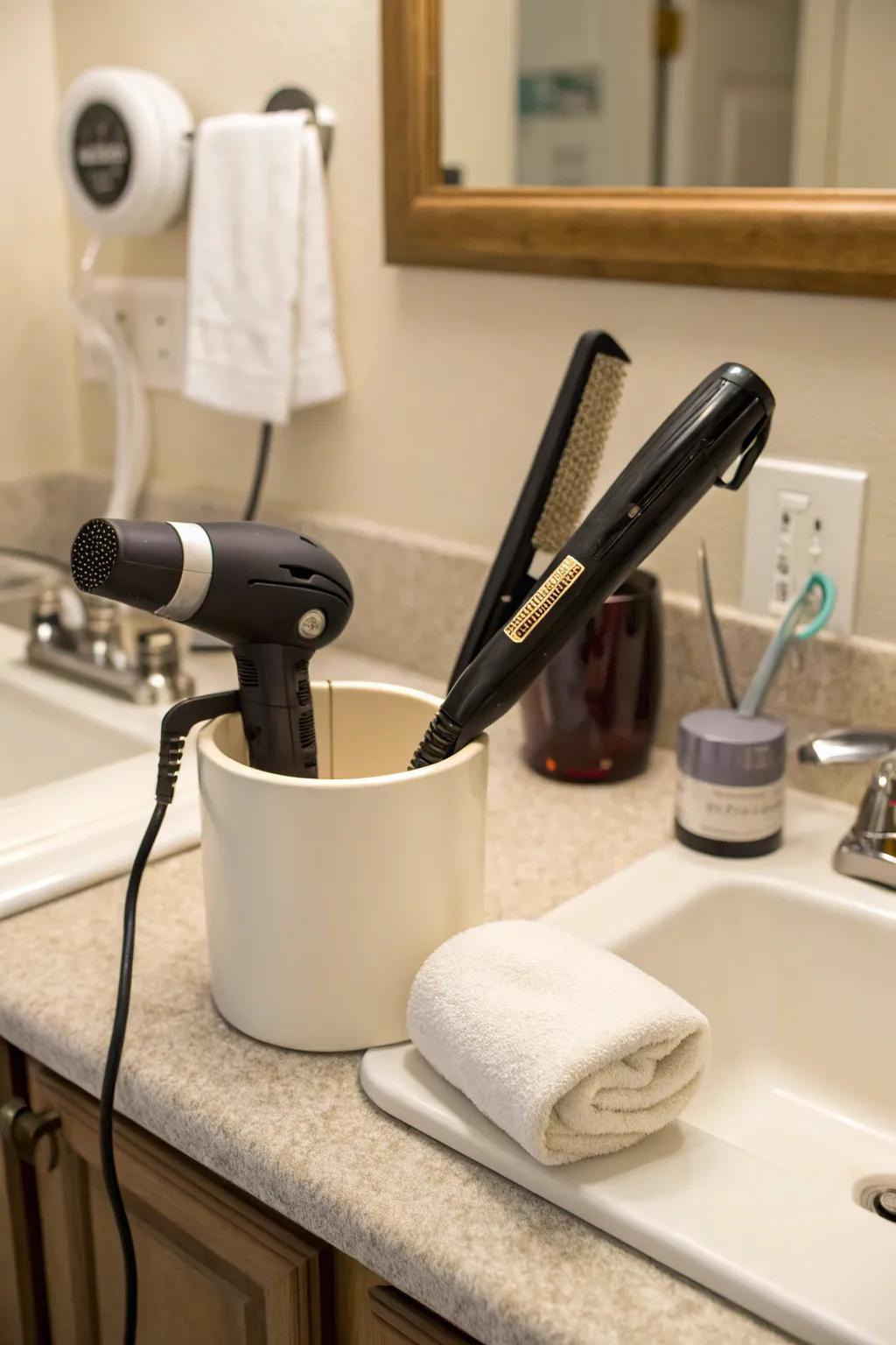 Organize hair tools neatly and efficiently with a PVC holder.