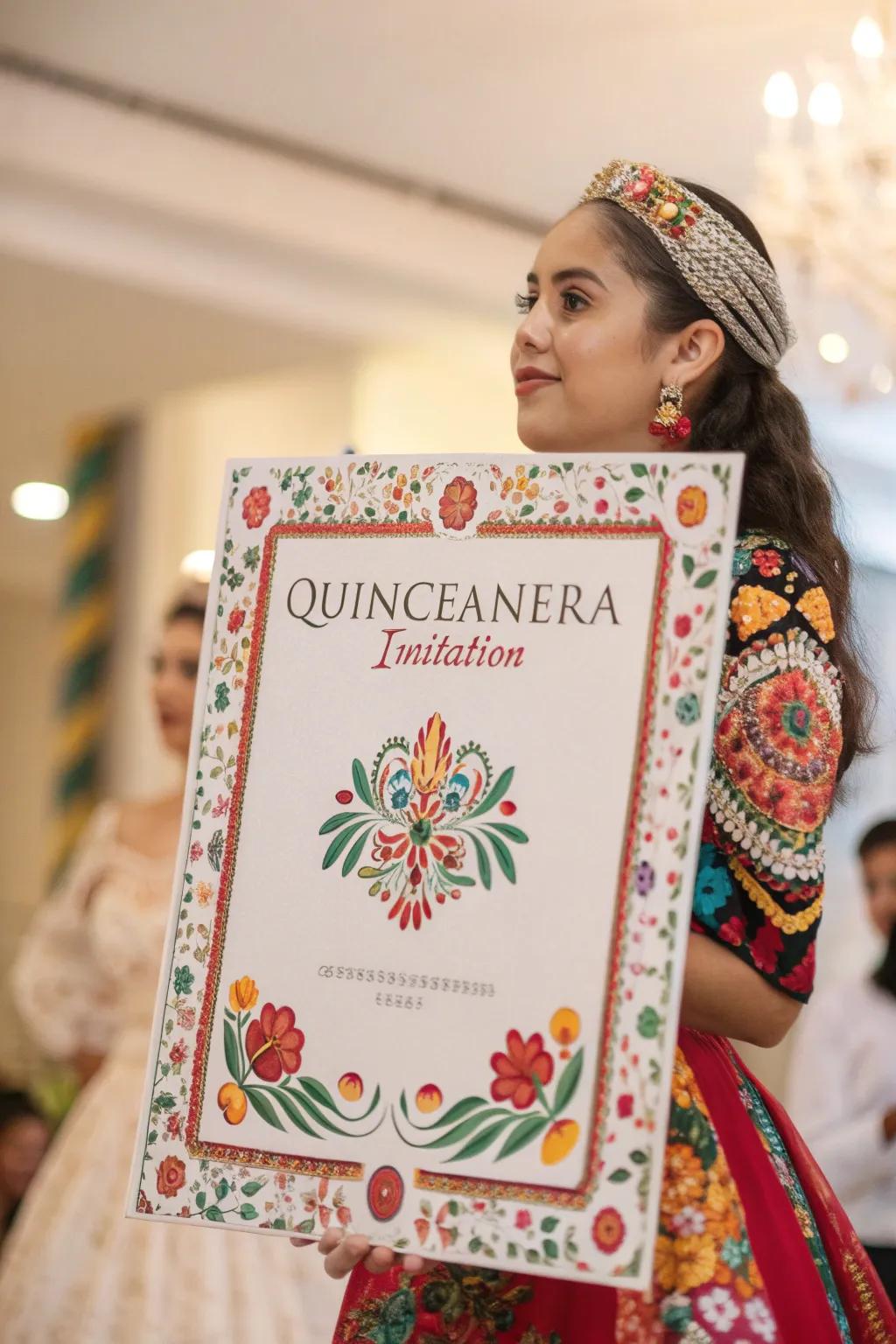 A quinceañera invitation featuring vibrant cultural designs