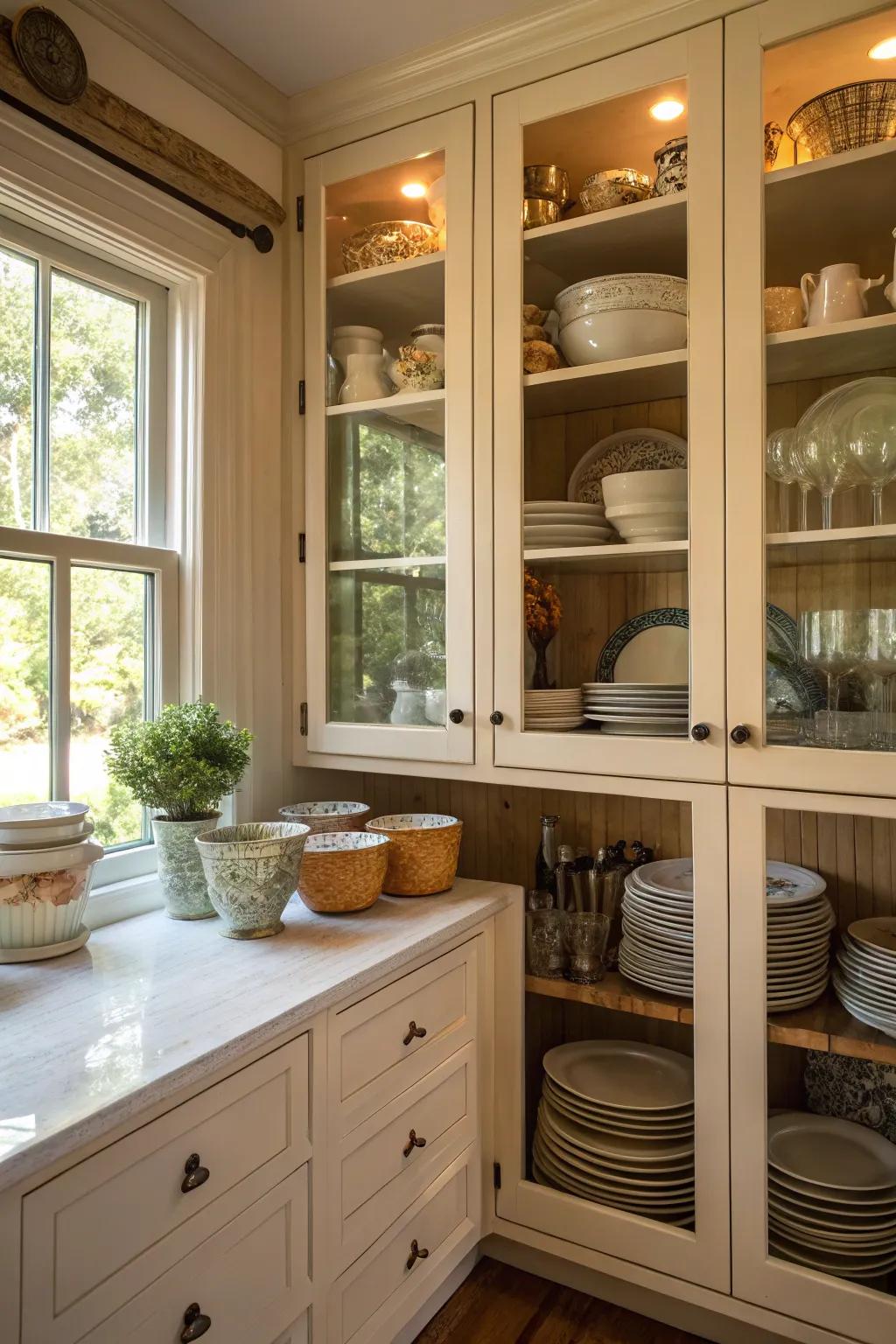 Glass cabinet doors in a small kitchen provide elegance and visual openness.