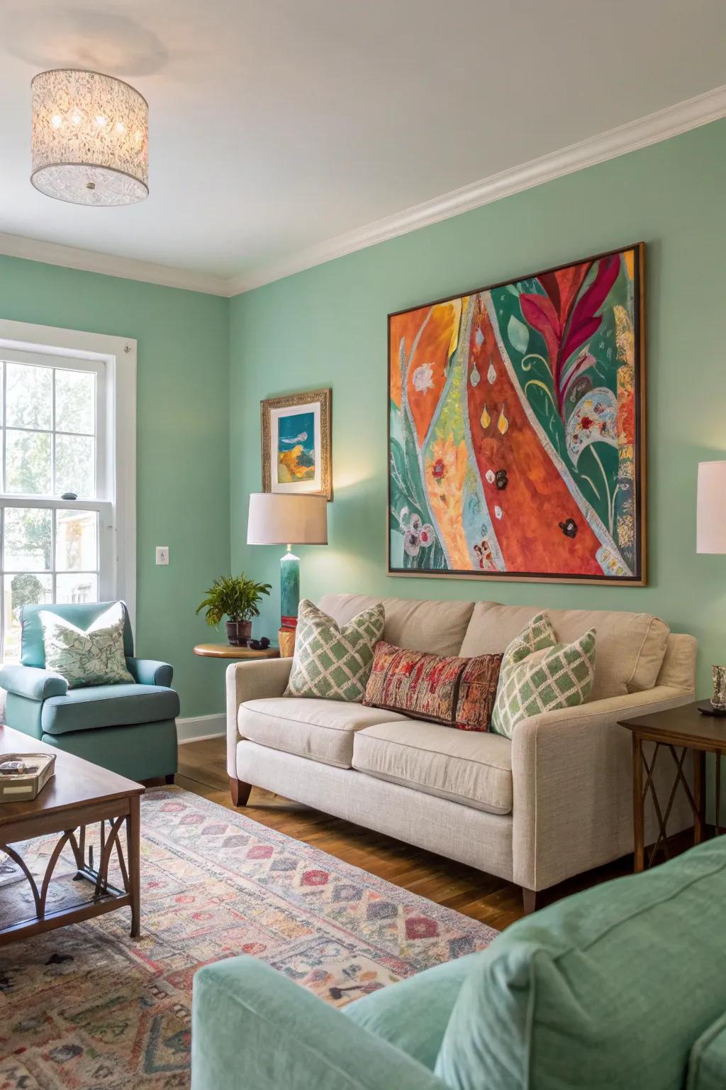 Bold artwork creating a striking focal point against seafoam green walls.