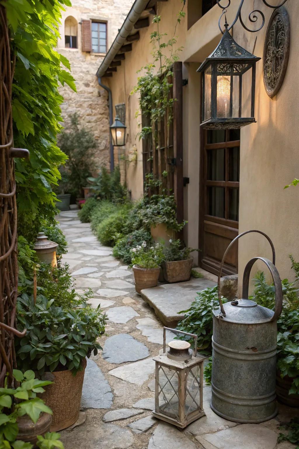 A small courtyard with rustic metal accents like vintage lanterns and watering cans.