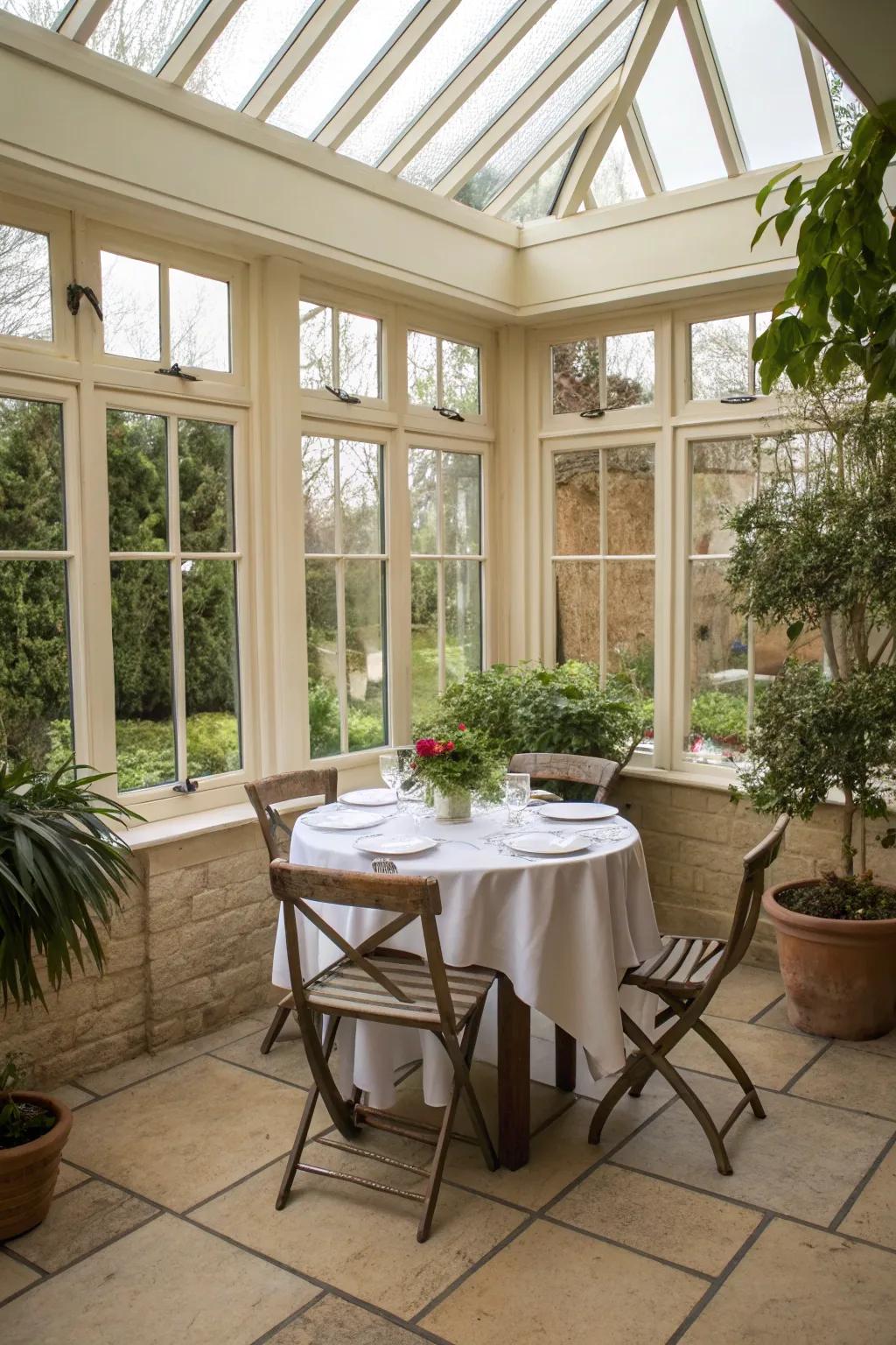 Dine in style with a cozy orangery dining area.