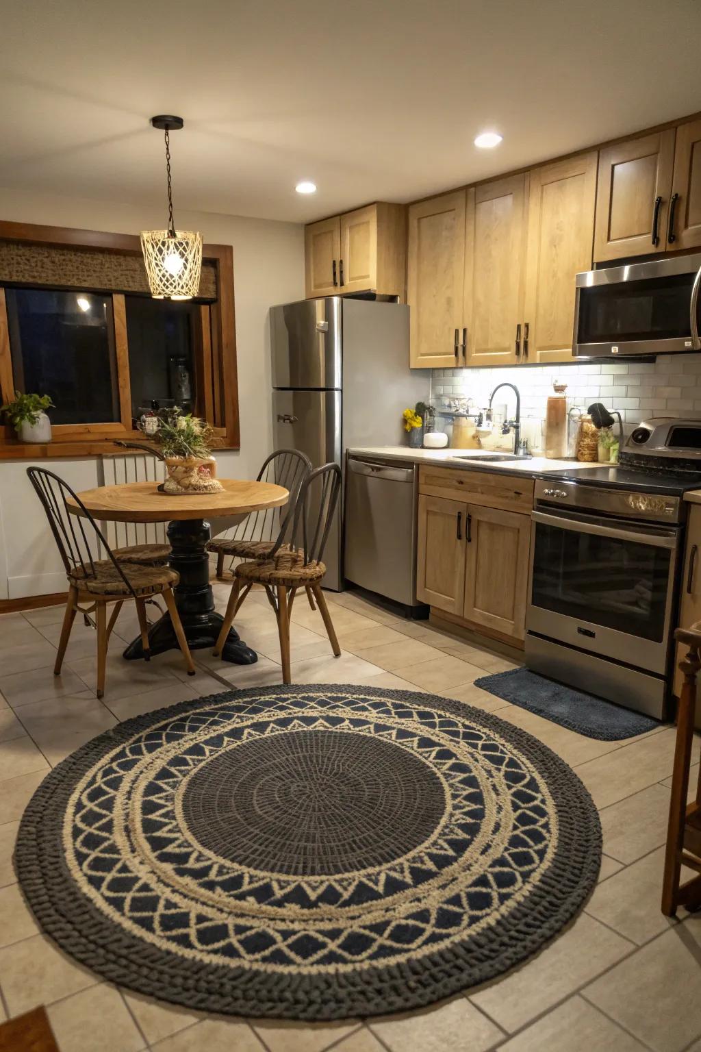 A rug can add warmth and define spaces in your kitchen.