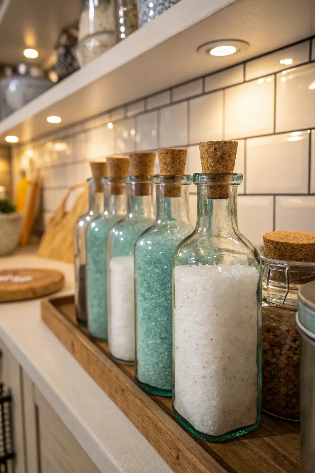 Recycled glass bottles offer an eco-friendly and stylish storage solution