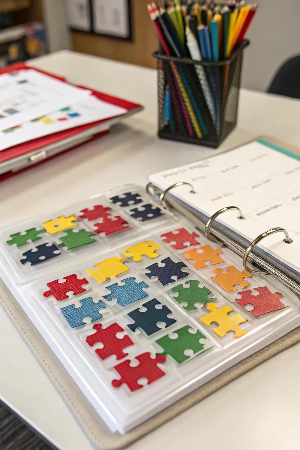 Binders with plastic sleeves provide a secure storage option for small puzzles.