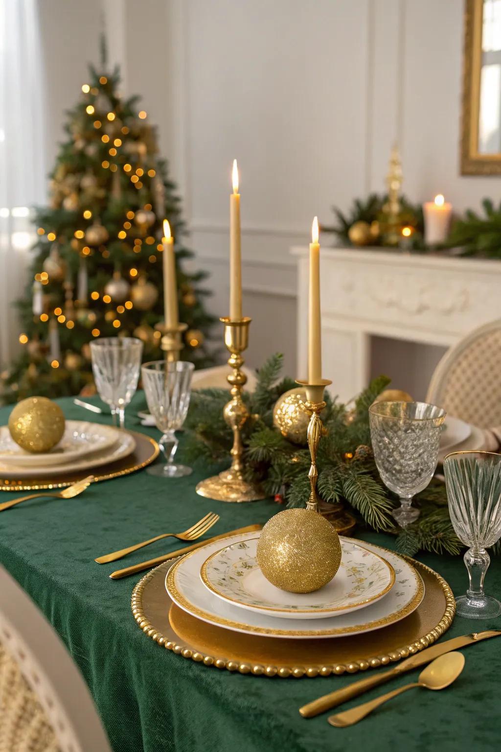 Gold accents bring glamour and sparkle to the holiday table.