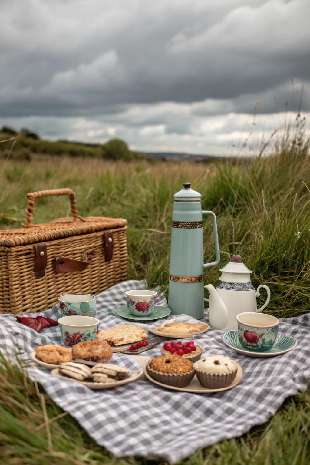 Vintage picnic tea party with charming decor.