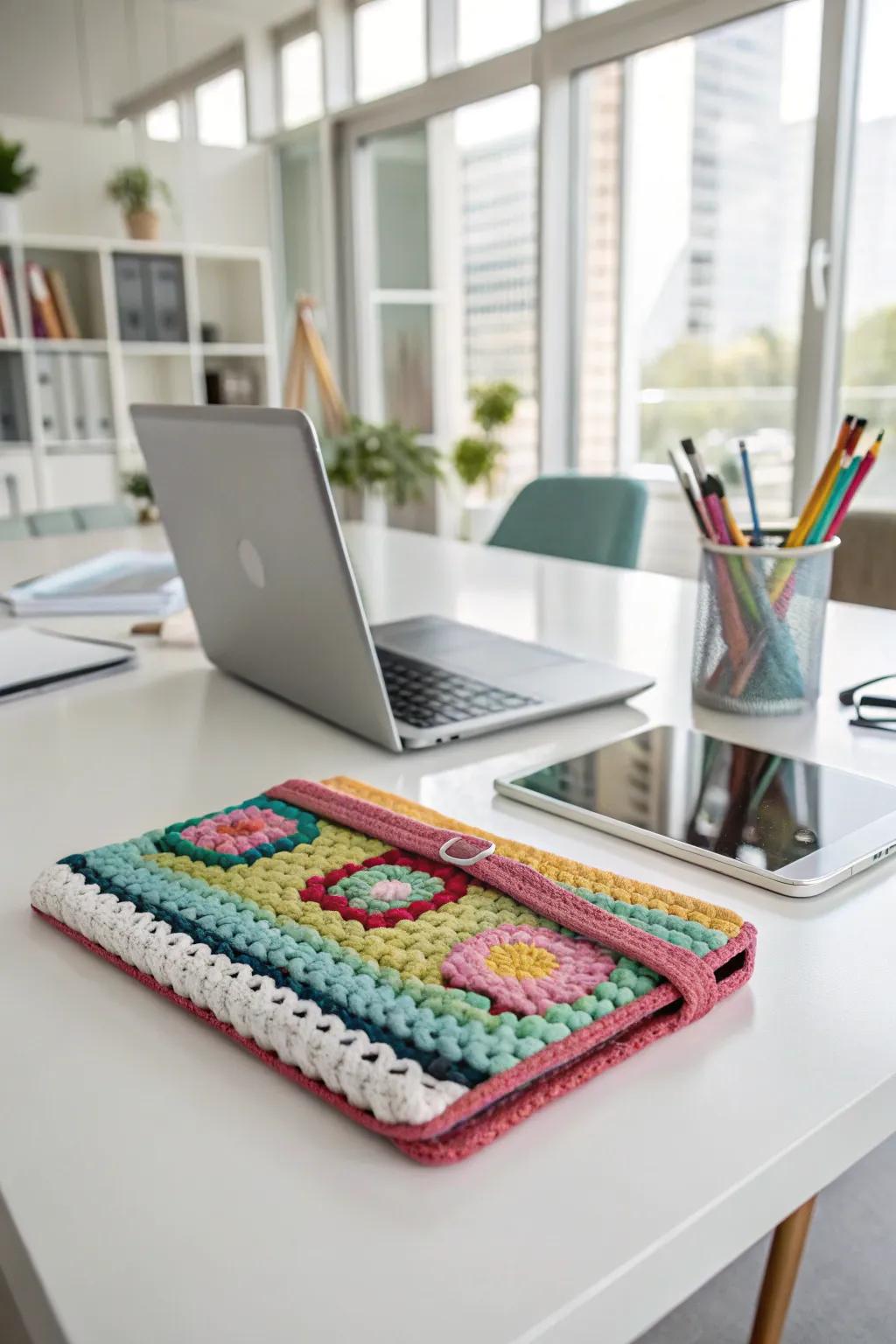 A stylish and protective crochet tablet case for tech lovers.