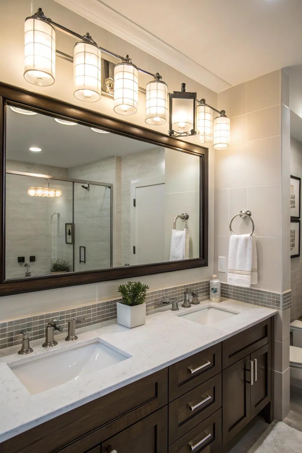 Transitional vanity lights offer both style and function in the bathroom.