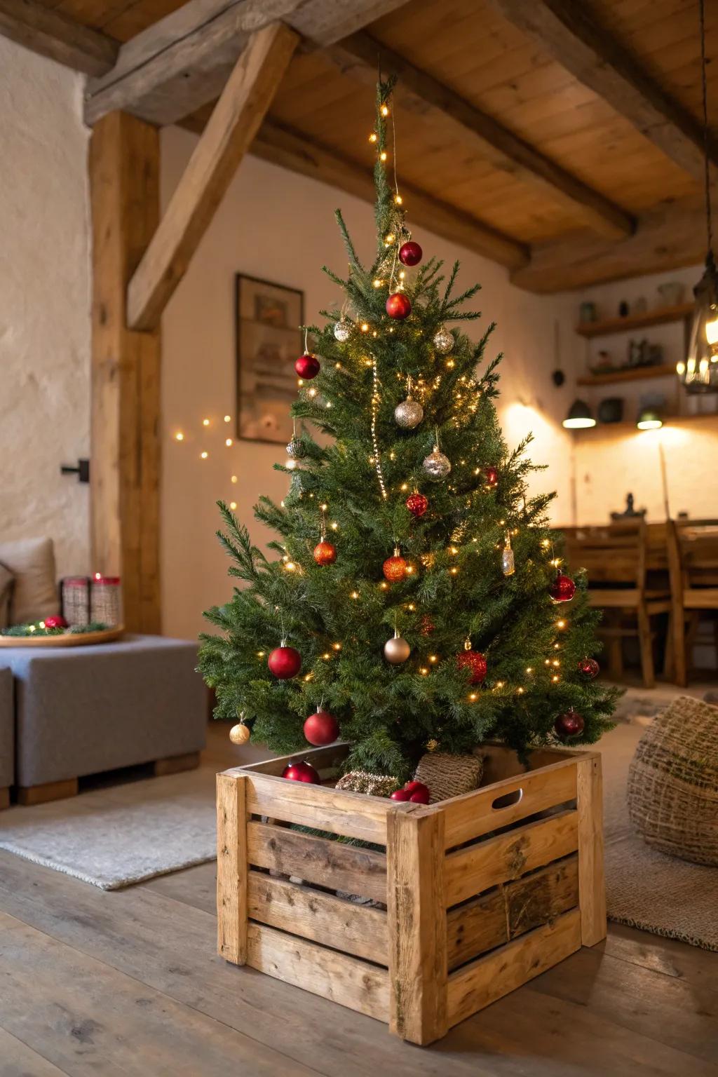 A wooden crate provides a rustic base for your Christmas tree.