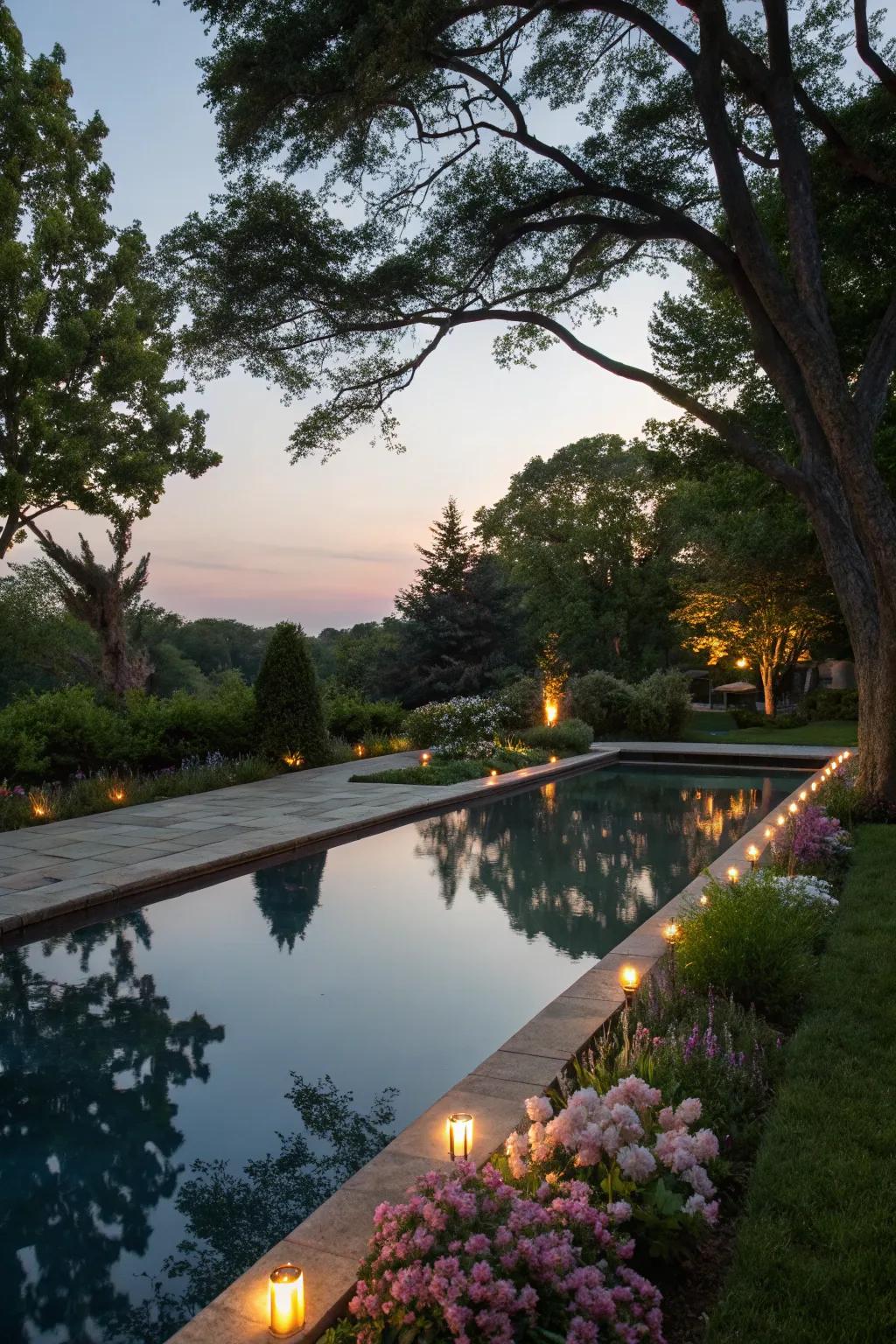 A reflective pool with lights creates a captivating ambiance.