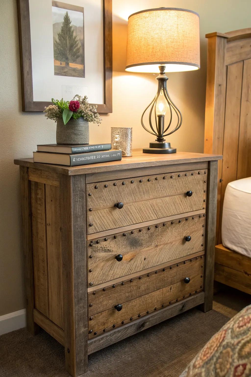 Textured materials like reclaimed wood add warmth and depth to the bedroom.