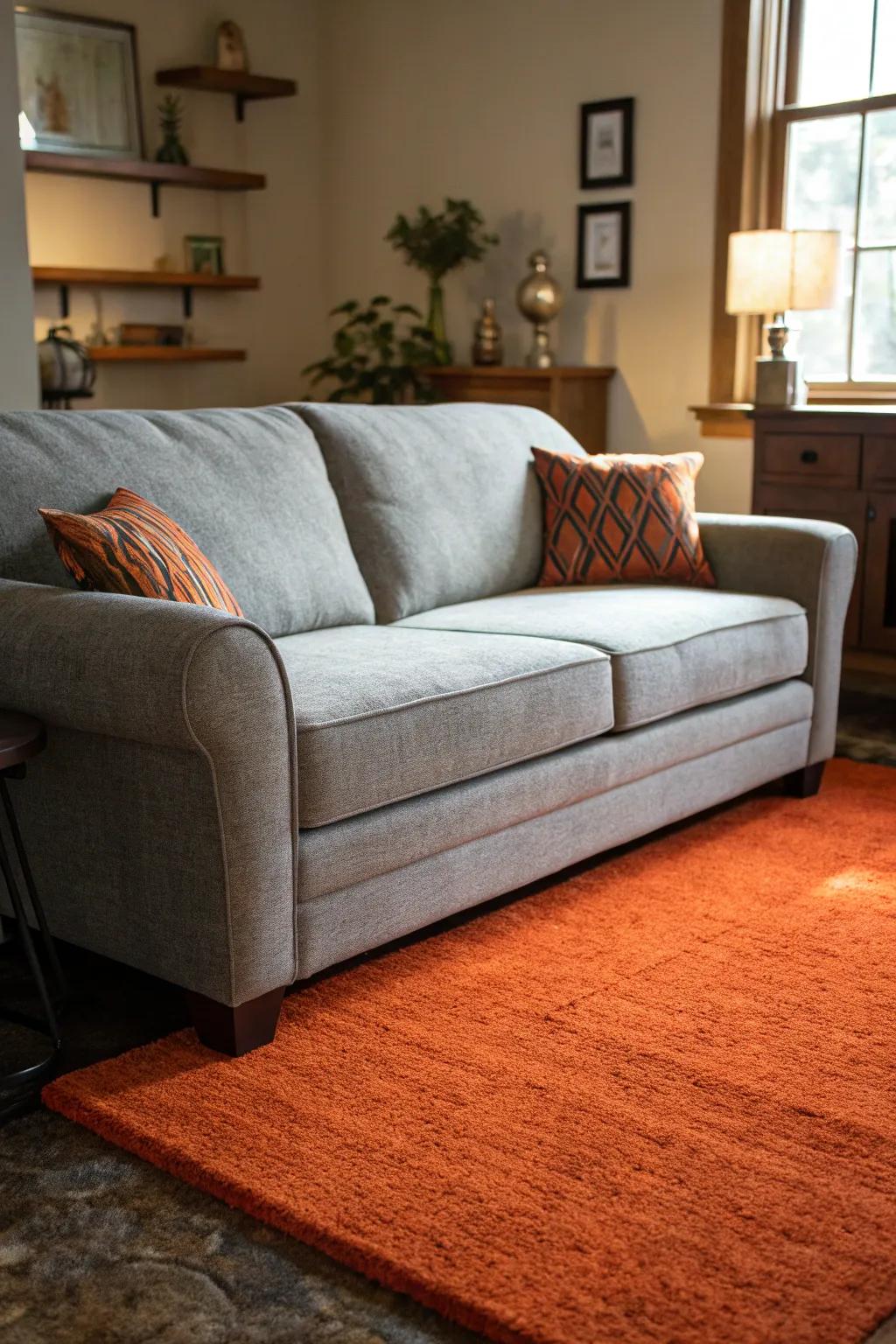 Orange rugs infuse energy and warmth into a room with a grey couch.