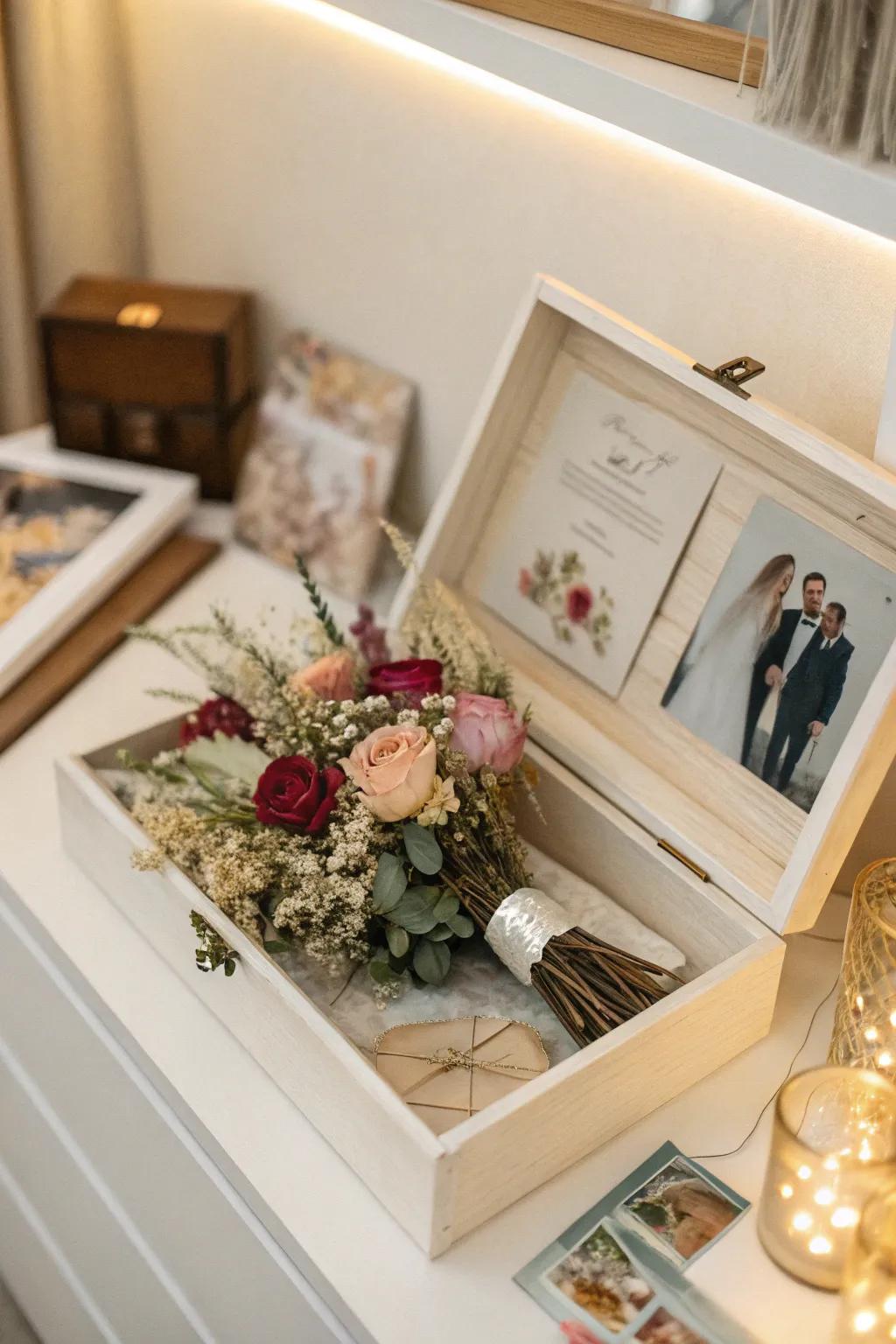 A memory box with dried flowers from a wedding bouquet and other wedding memorabilia, displayed on a shelf.