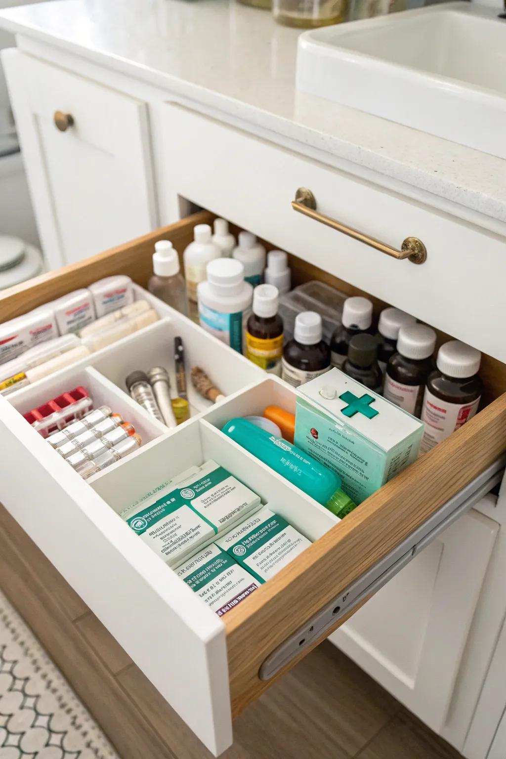 A bathroom drawer with deep containers organizing medicine and health products.