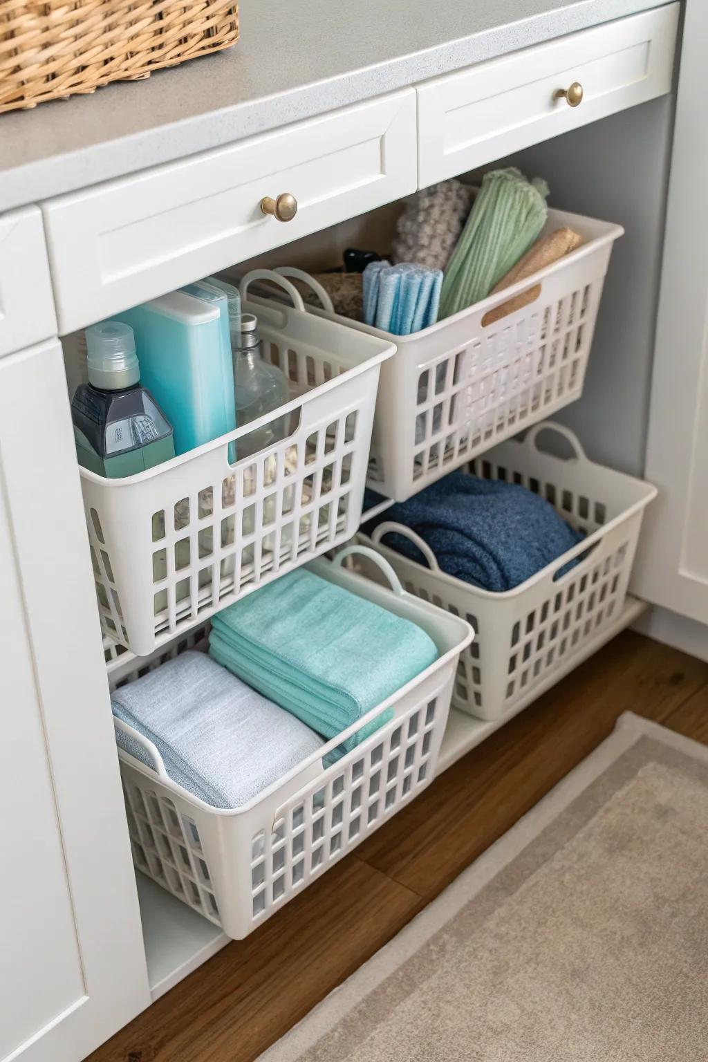 Under-shelf baskets maximize storage potential.