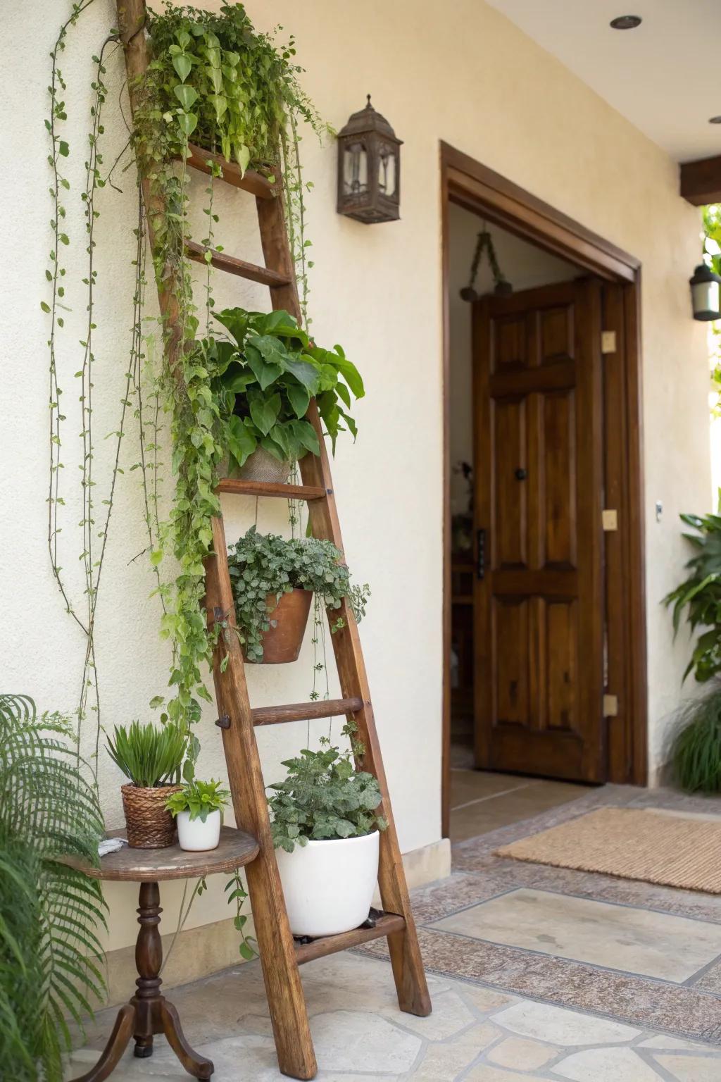 A ladder display adds rustic charm and versatility to your plant collection.