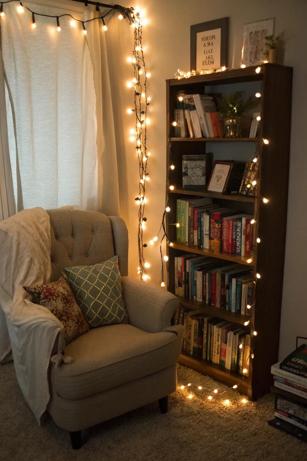 Enhance your reading nook with twinkling string lights.