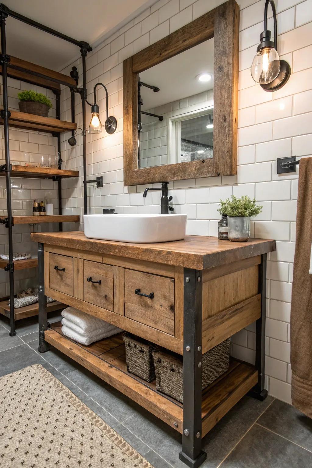 Wood elements soften and warm up the industrial bathroom.