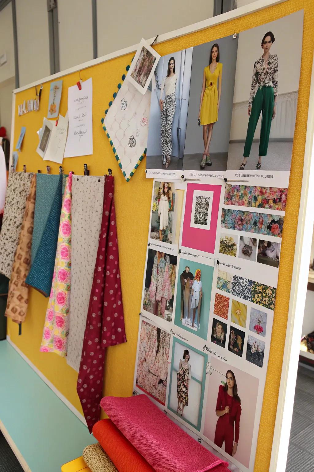 An inspiration board featuring fashion clippings and fabric samples that explore trends and styles.