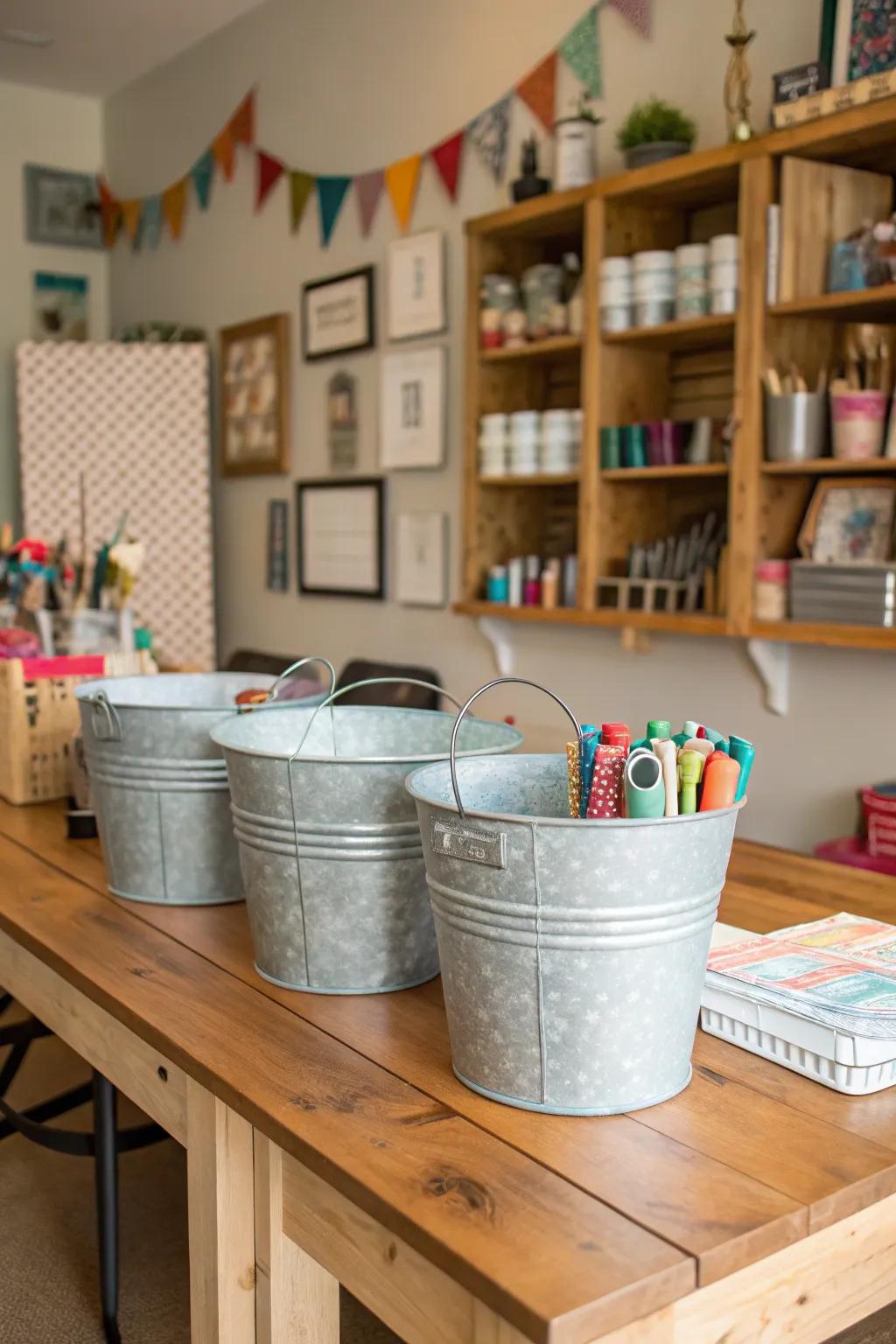 Galvanized buckets help keep craft supplies organized.