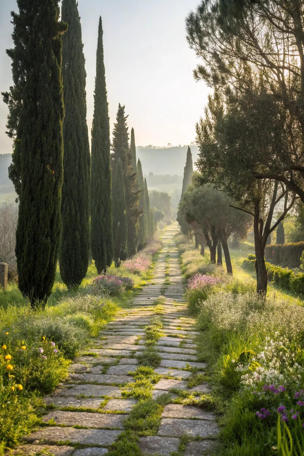 Enhance garden paths with elegant Italian cypress trees.