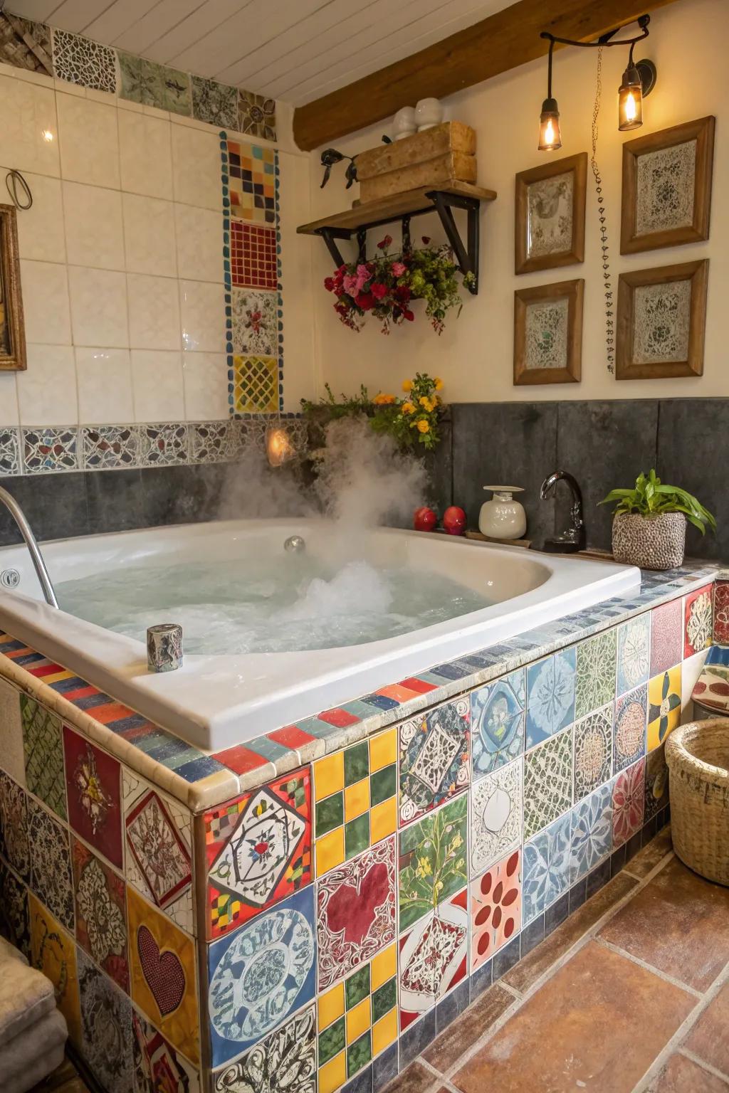 Patchwork tiles create an eclectic and visually engaging space.