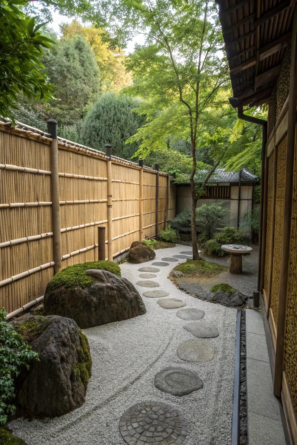 Bamboo screens providing privacy in a zen garden.