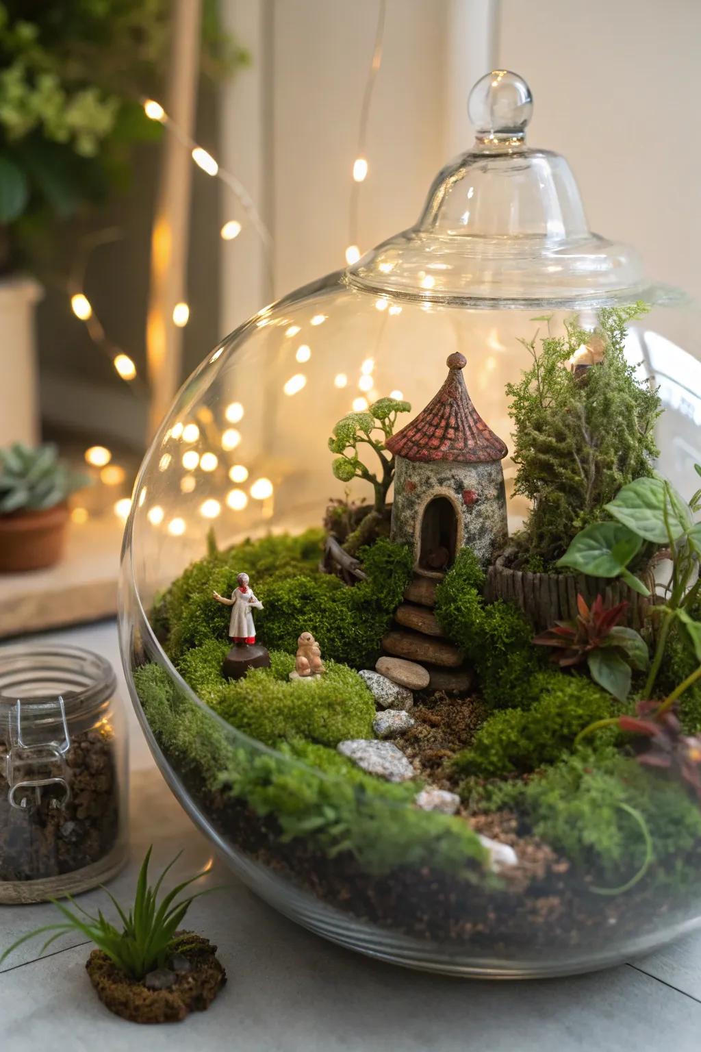 A whimsical fairy garden with java moss, perfect for a terrarium display.