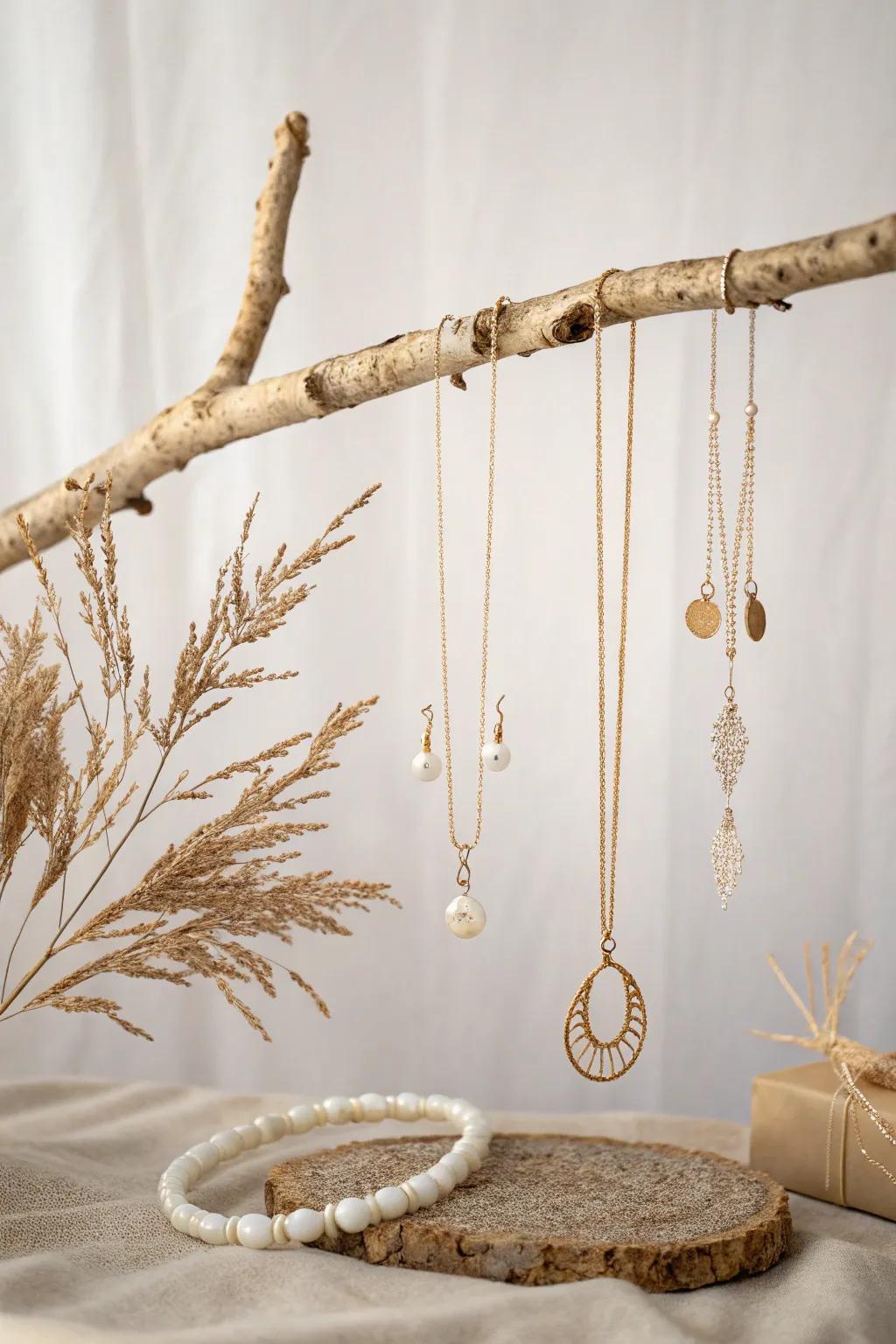 Embrace nature's elegance with this stunning branch jewelry display – where simplicity meets sophistication.